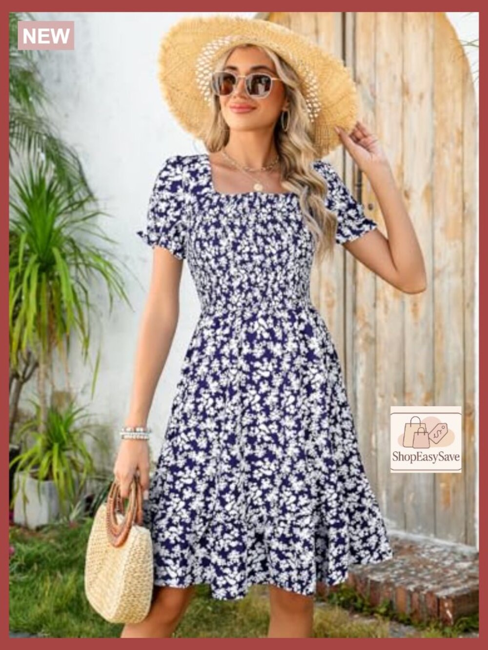 Short Sleeve Square Neck A-Line Tiered Sundress with Pockets Casual Spring - Picture 2 of 7